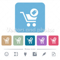 Product purchase features flat icons on color rounded square backgrounds